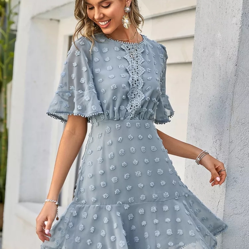 Swiss Dot Embroidered Detail Chiffon Flutter Sleeve Dress